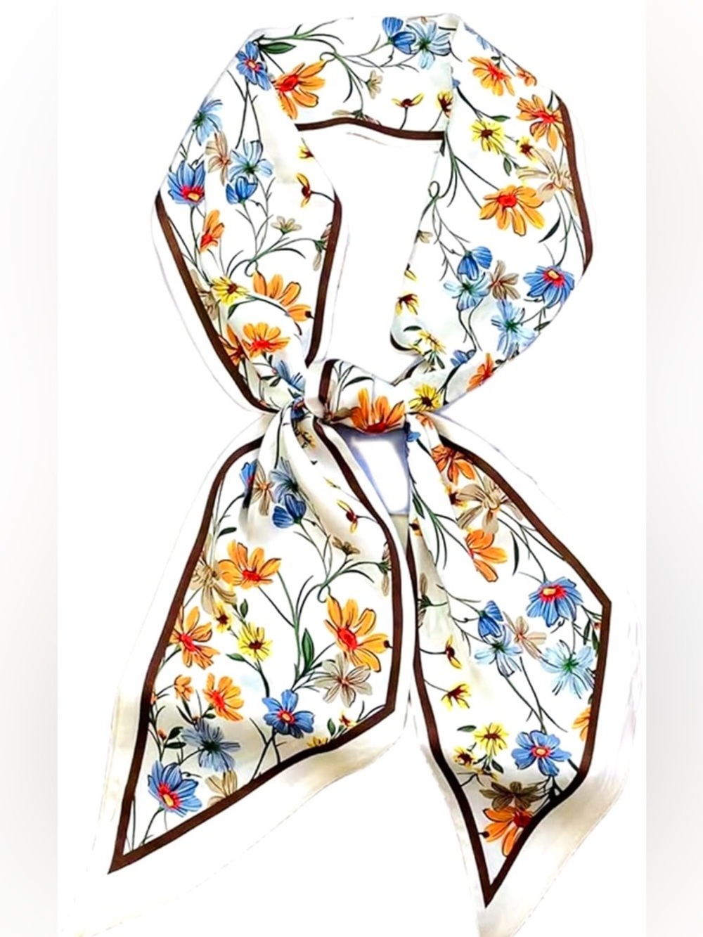 Floral Vine Silk-Feel Neck Scarf in Cream with Blue & Orange - Picture 5 of 6